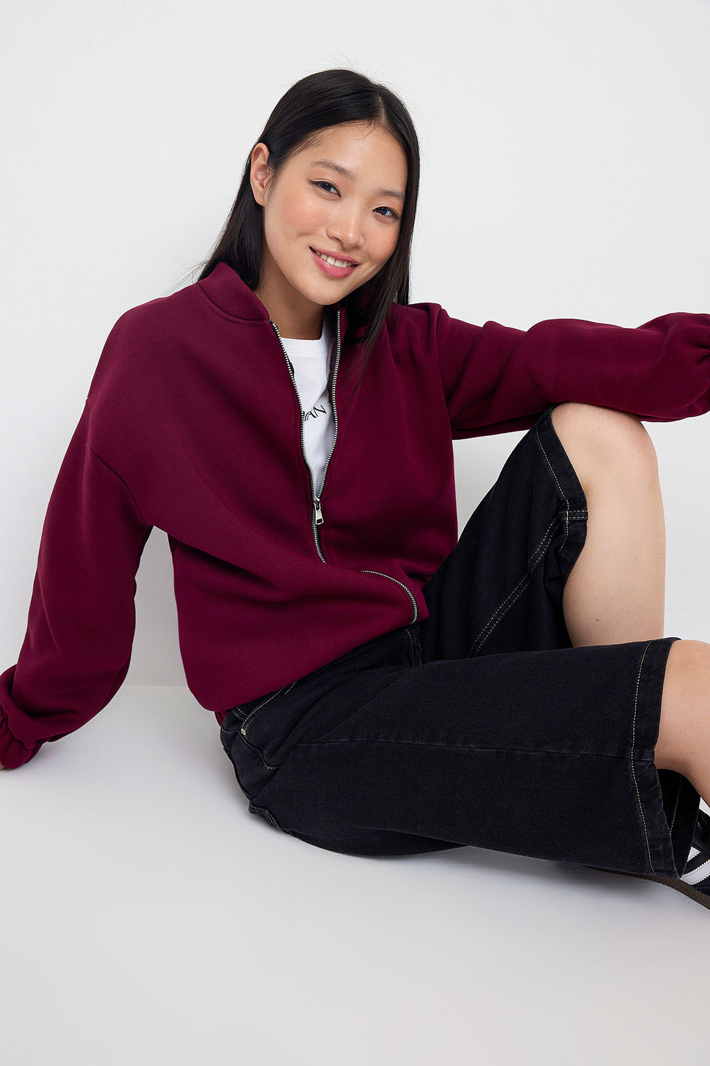 Teen Koyu Bordo Fermuarl? Oversize/Genis Kal?p Kal?n Ici Polarl? Orme Sweatshirt TWOAW25SW00122