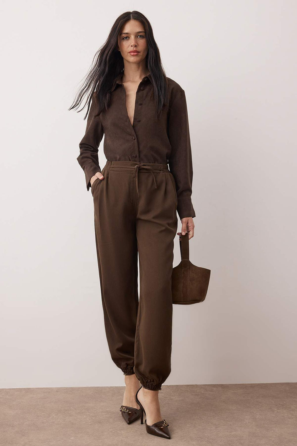 Koyu Kahverengi Yumusak Kumasl? Beli Lastikli Balon/Salvar Pantolon TWOAW26PL00145