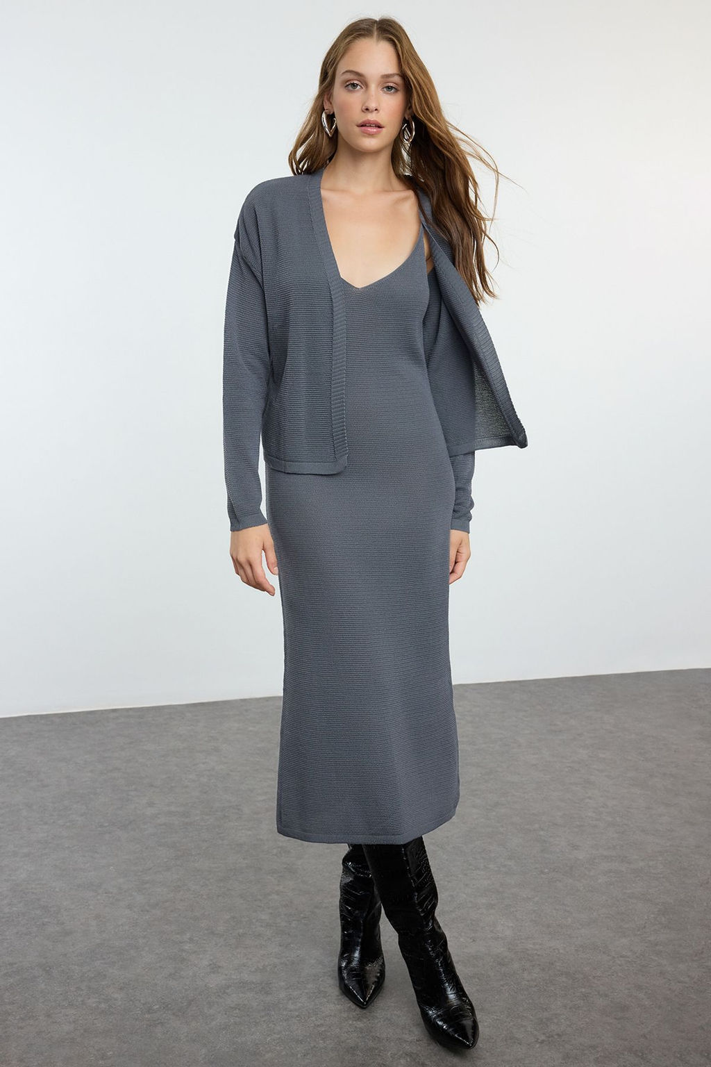 TRENDYOLMILLA Indigo Midi Triko Premium Iplik/Ozel Iplik H?rka-Elbise Tak?m TWOAW25EL00075 фото 7