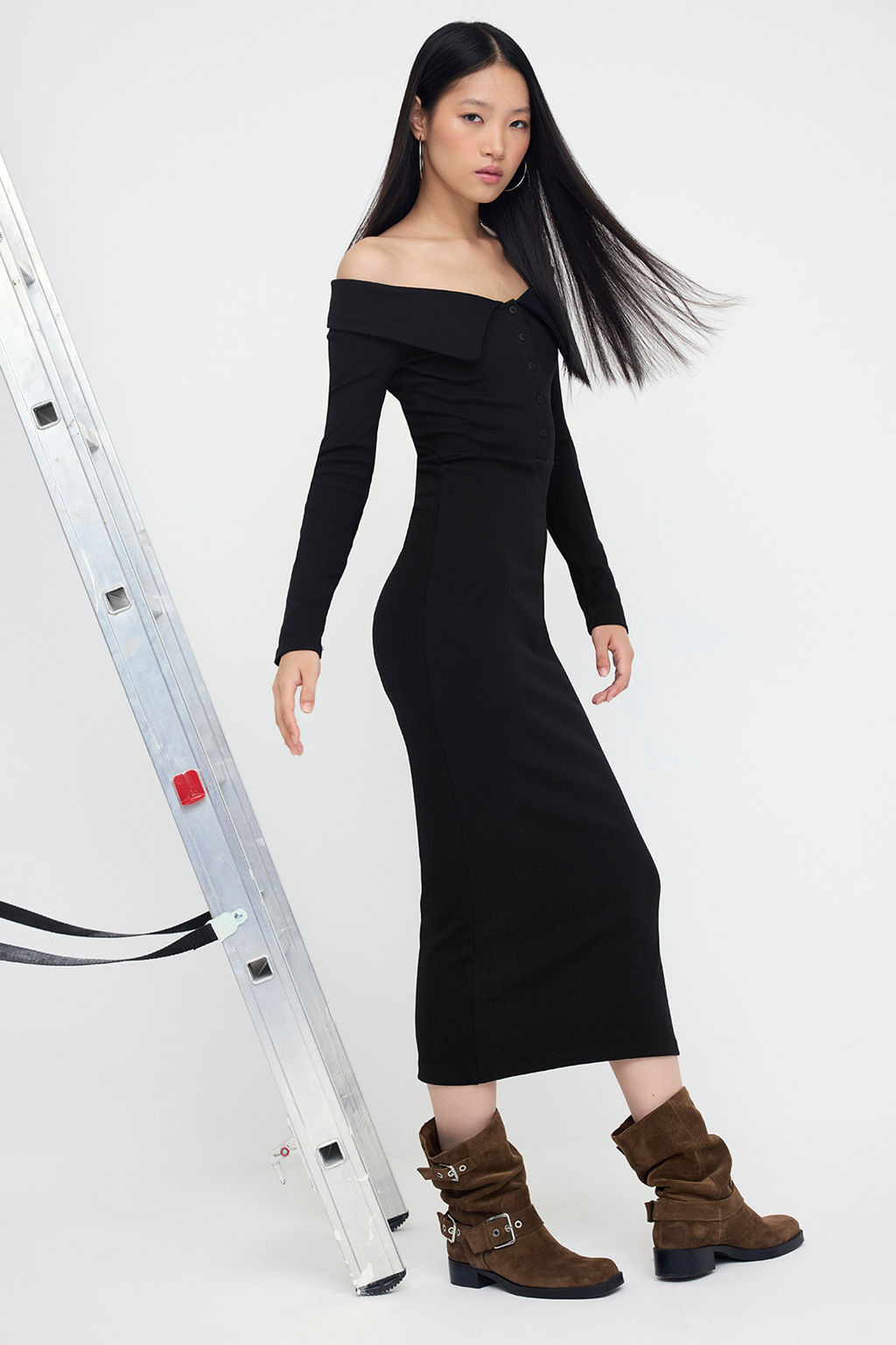 Teen Siyah Carmen Yaka Bodycone/Vucuda Oturan Fitilli Esnek Duz Maxi Orme Elbise TWOAW26EL00061