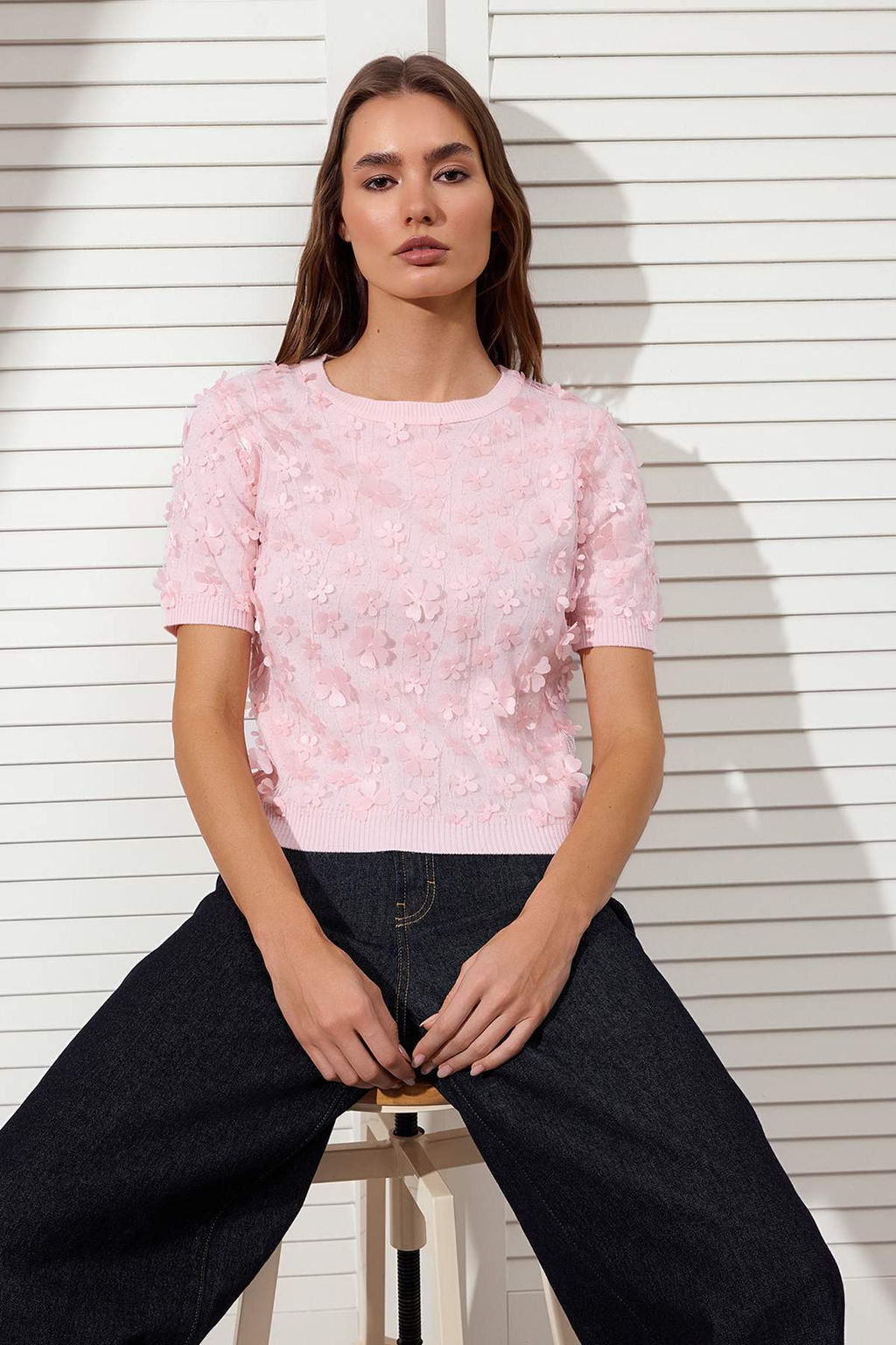 Pembe Uc Boyutlu Cicek Detayl? ve Tullu Triko Bluz TWOSS26BZ00128 - Trendyolmilla фото 2