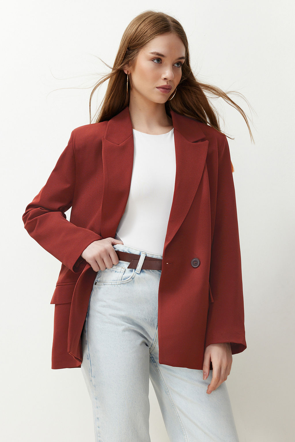 Bordo Kiremit Oversize Duz Kesim Basic Kruvaze Dokuma Blazer Ceket TWOSS24BC00028