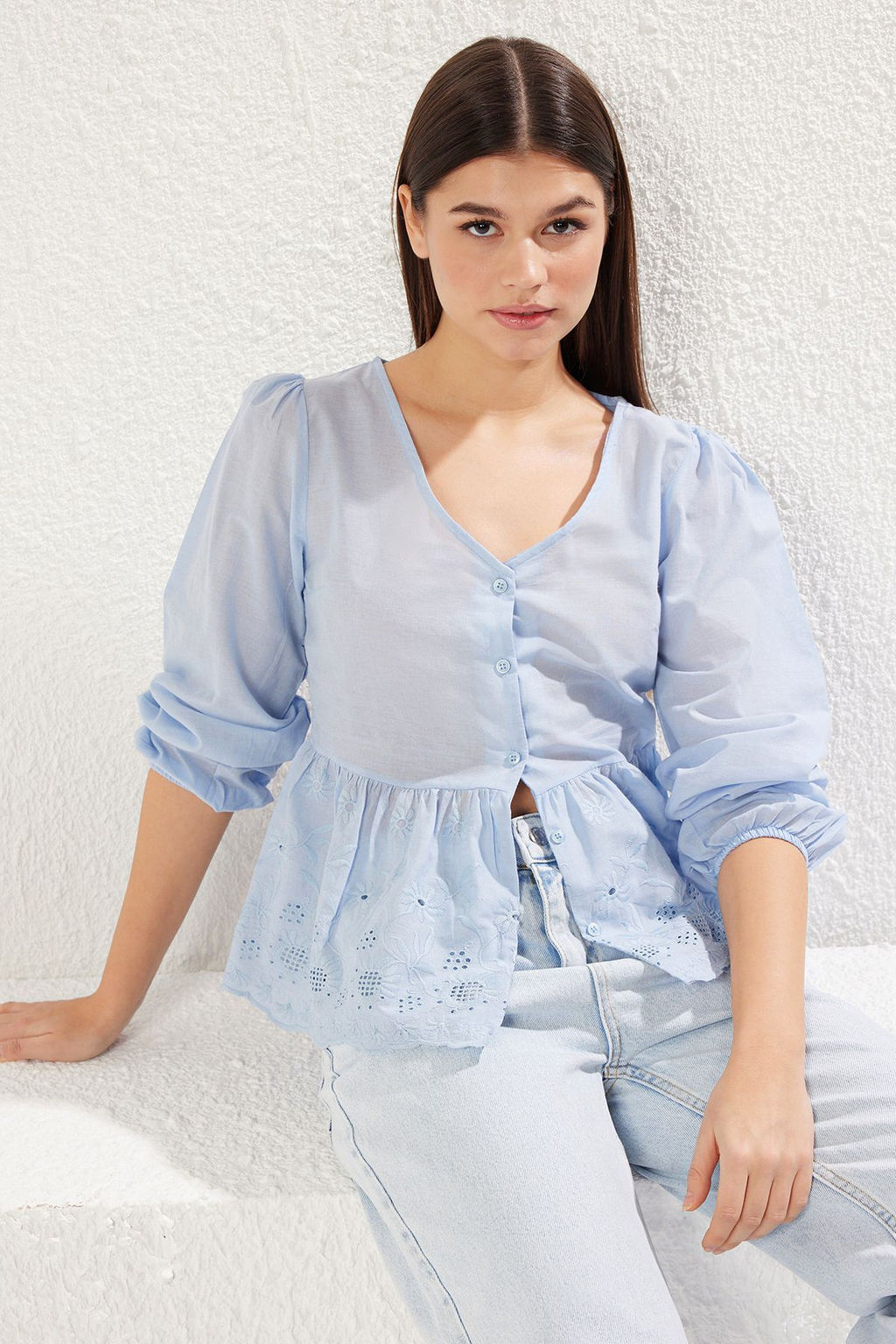 TRENDYOLMILLA Ac?k Sar? Dokuma Etek Ucu Nak?s Detayl? Regular Normal Kal?p Dokuma Gomlek TWOSS25GO00006 фото 7