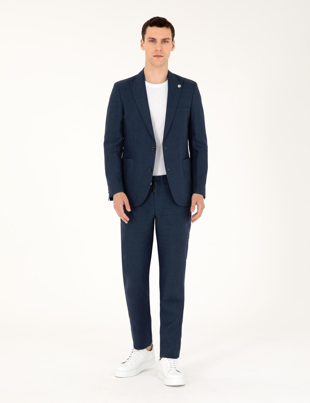 Lacivert Ex. Slim Fit %100 Keten Tak_m Elbise