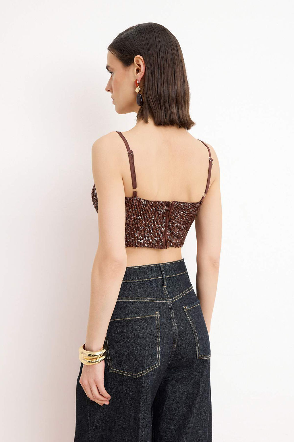 Kahverengi Payet Vucudu Saran Crop Party Bluz TPRSS26BZ00014