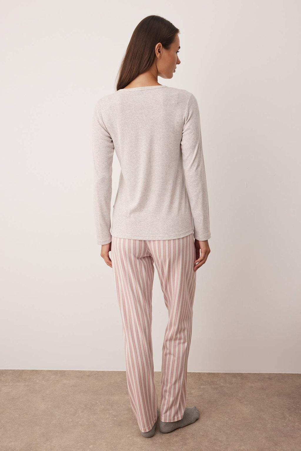 Bej-Pembe Ust Fitilli, Alt Pamuklu Cizgili Orme Pijama Tak?m? THMAW26PT00095 - Trendyolmilla фото 4
