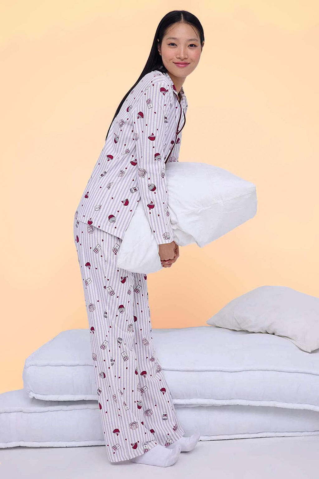 Lila-Cok Renkli %100 Pamuklu Kalpli Eglence Desenli Biyeli Orme Pijama Tak?m? THMAW26PT00039