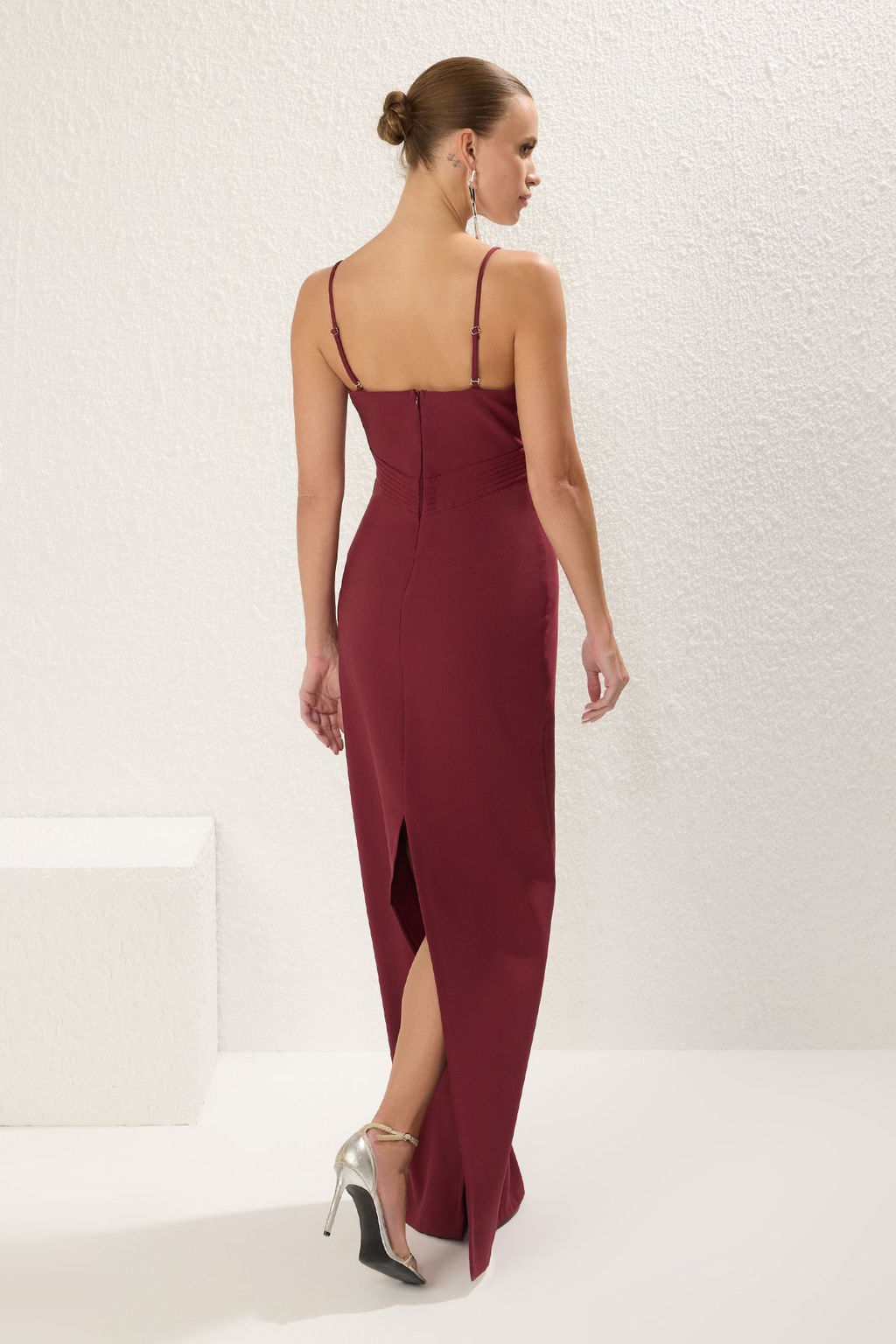 Bordo Straplez Dokuma Uzun S?k Abiye Gece Mezuiyet Elbisesi TPRSS25AE00098