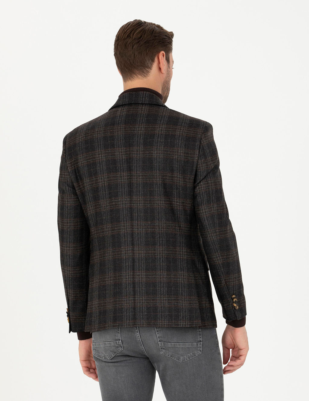 Kahverengi Slim Fit Y_n Ekose Ceket