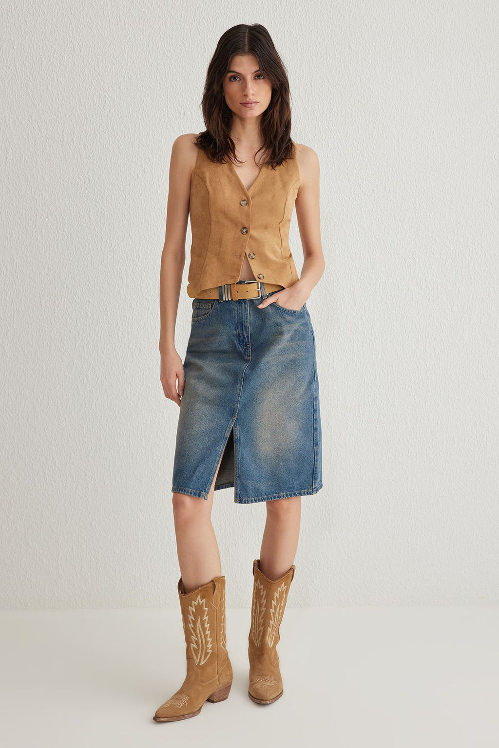 TRENDYOLMILLA Mavi Y?rtmacl? Midi Denim Etek TWOSS25ET00022  фото 2