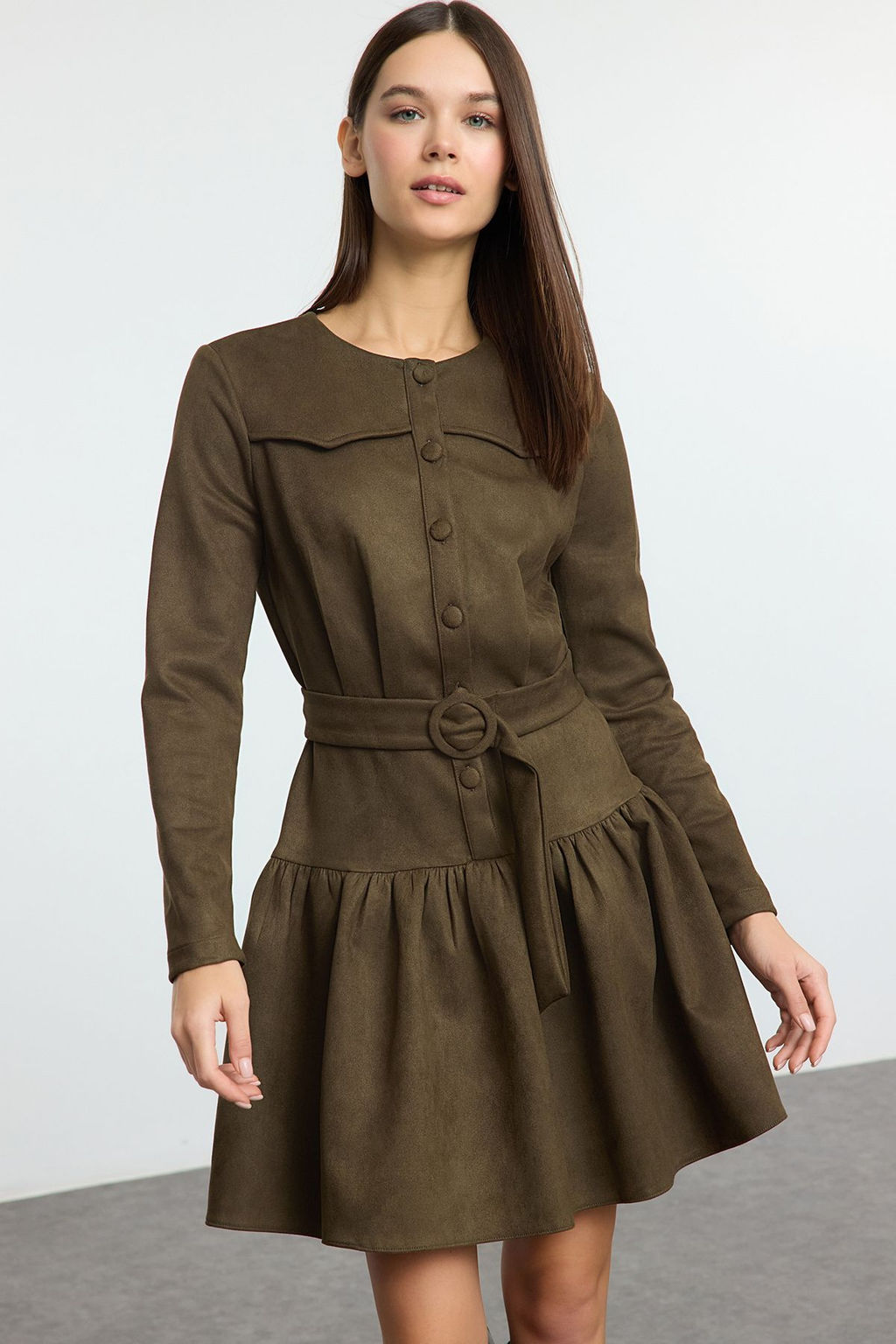 Haki Kemerli Duz K?sa / Mini Dokuma Elbise TWOAW25EL00252
