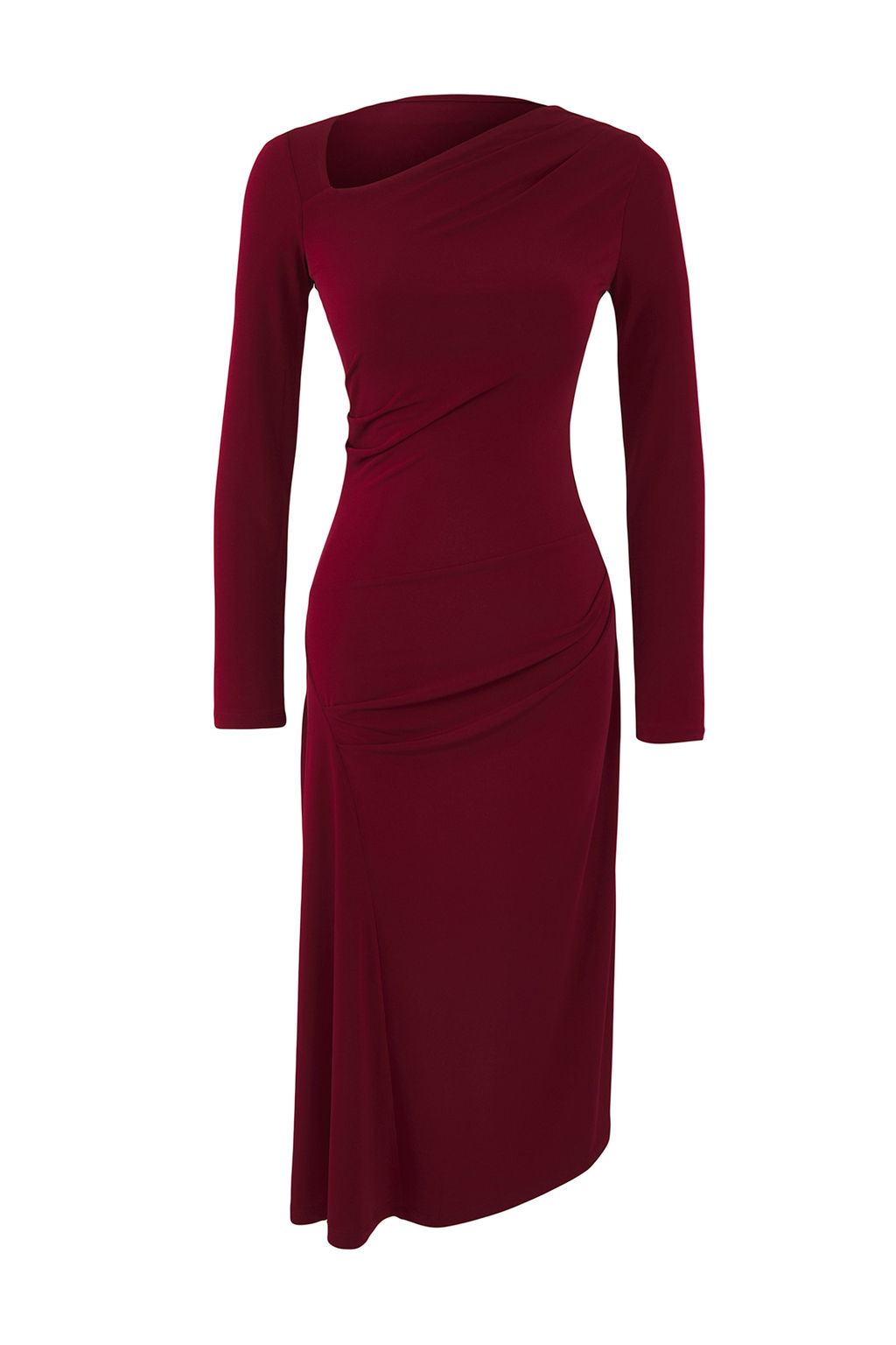 Bordo Asimetrik Yaka Buzgu detayl? Midi Bodycon Esnek Orme Elbise TWOAW26EL00125