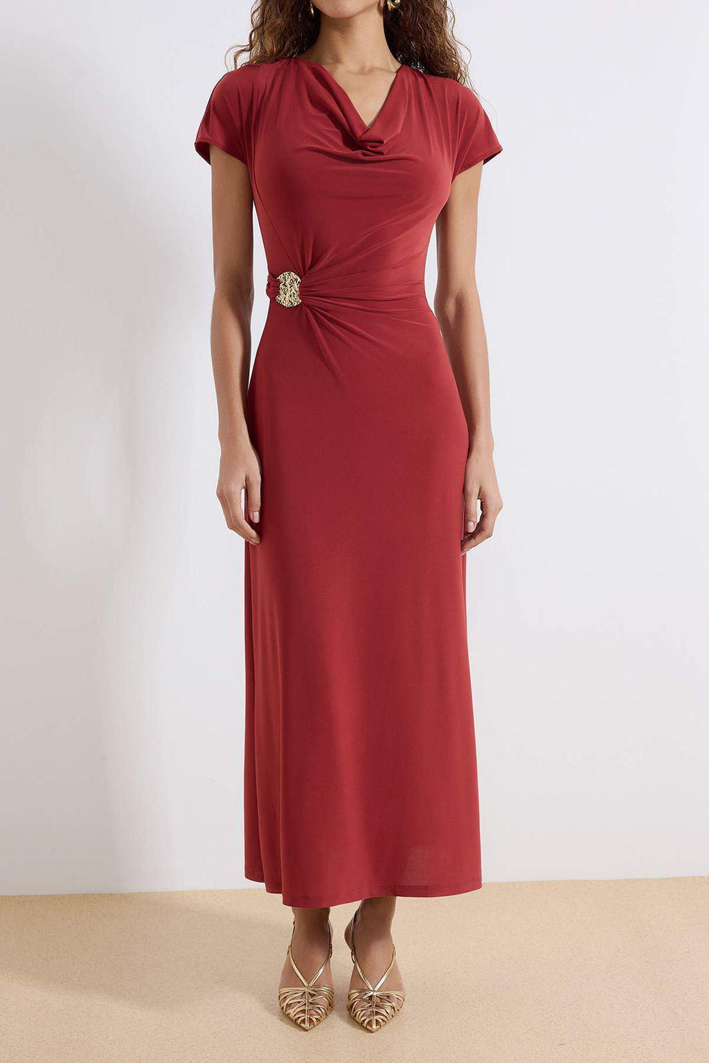 Kiremit A-Kesim/Can Form Degaje Yaka Aksesuar Detayl? Maxi Esnek Orme Elbise TWOSS26EL00106