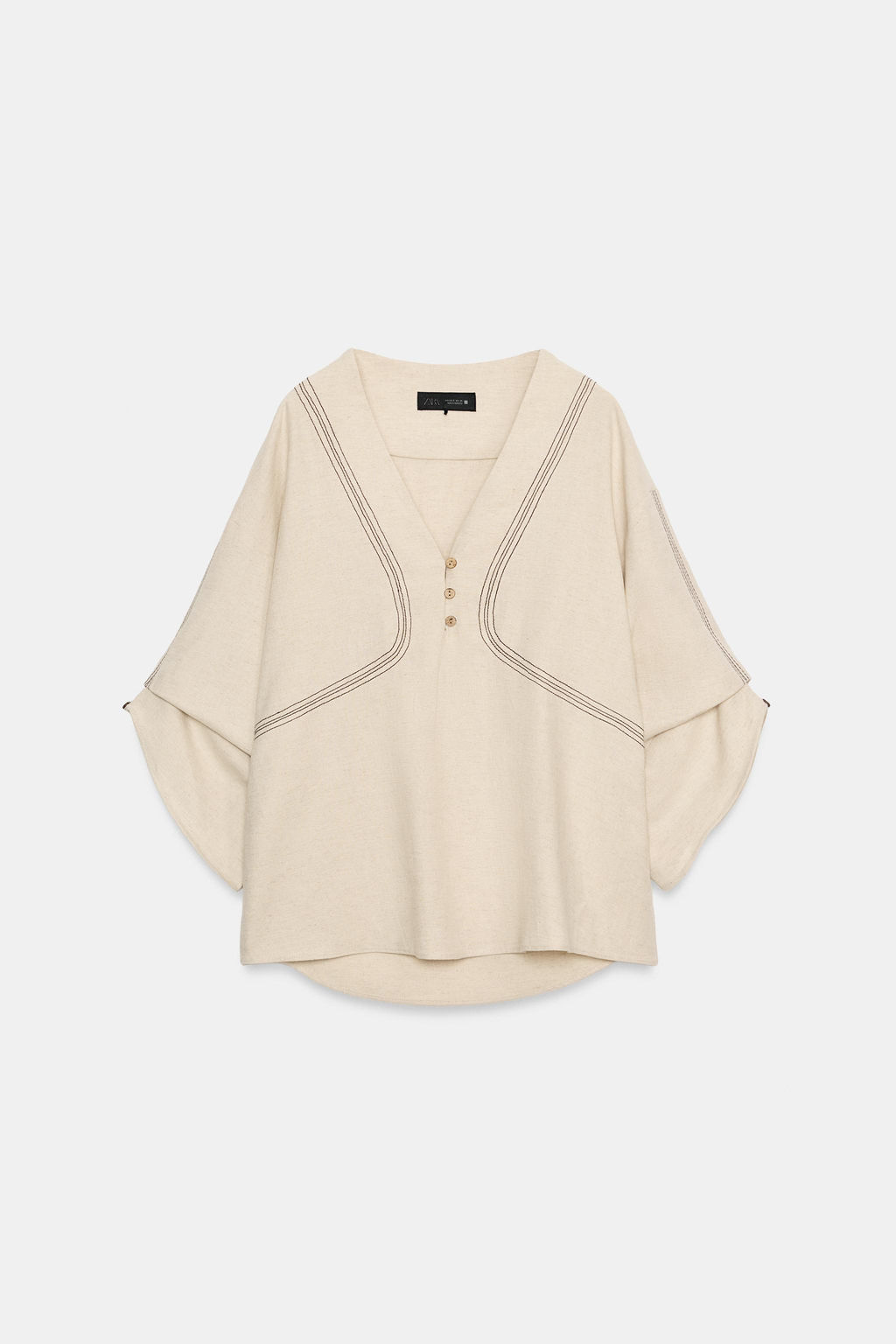 CAMISA OVERSIZE CON LINO PESPUNTES CONTRASTE / Beige claro - Zara фото 6