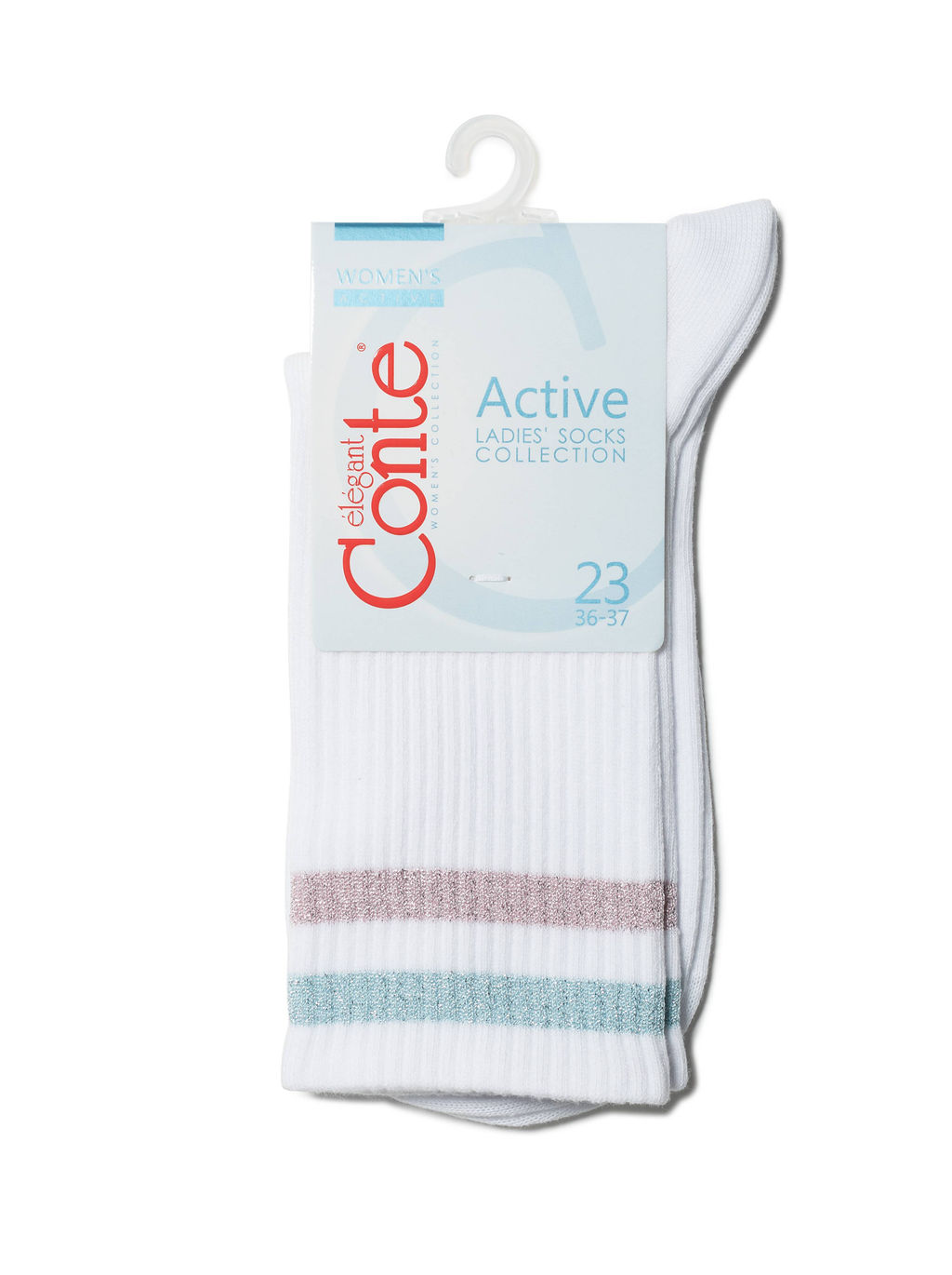 Цена за 2 пары. Носки Классические CONTE ACTIVE Хлопковые носки с яркими полосками из люрекса белый-св.розовый - Conte elegant фото 3
