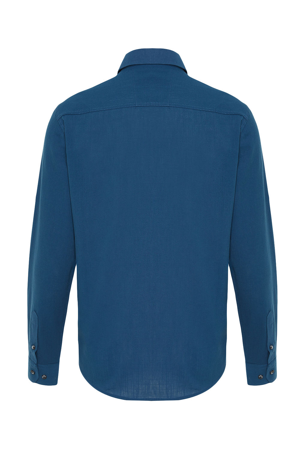 Indigo Dugmeli Yaka Apoletli Slim Fit Uzun Kollu %100 Pamuklu Keten Gorunumlu Gomlek TMNSS20GO0189
