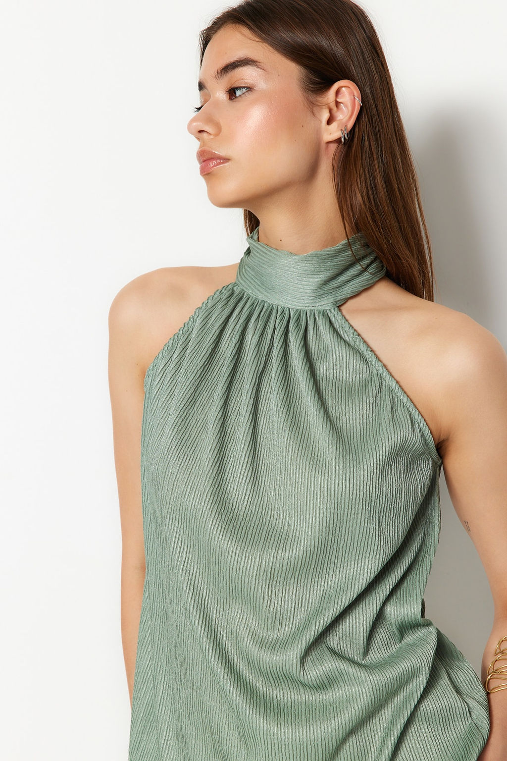 Mint Regular/Normal Kal?p Dik Yaka Fit Pilise Esnek Orme Bluz TWOSS23BZ00952