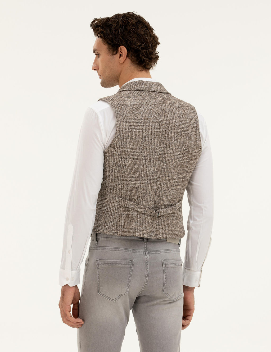 Bej Slim Fit Y_n Kar___ml_ Dokuma Yelek