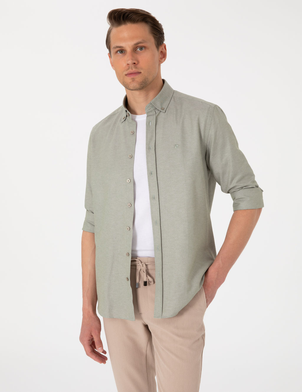 Haki Oxford Slim Fit Kolay _t_lenebilir G_mlek