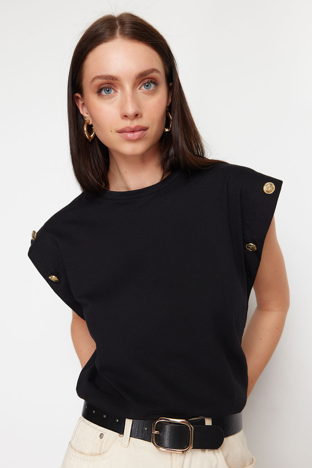 TRENDYOLMILLA Lacivert %100 Pamuk Dugme Detayl? Vatka Gorunumlu Basic Bisiklet Yaka Orme T-Shirt TWOSS23TS00016  фото 10