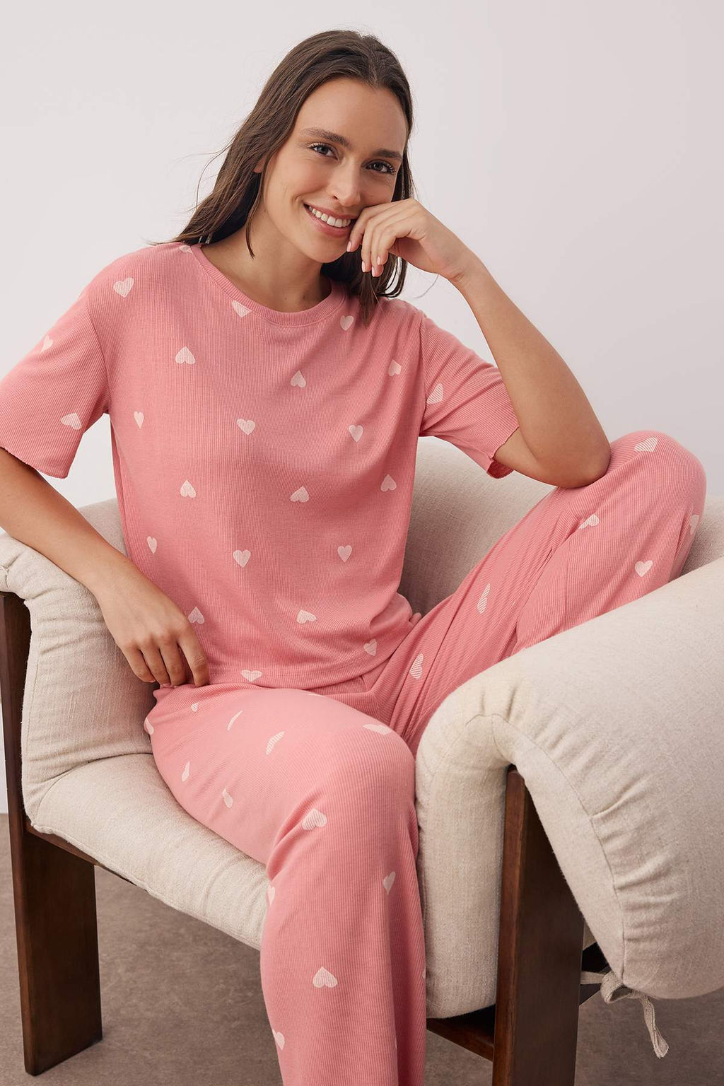 Pembe Kalpli Slogan Lastik Detayl? Fitilli Orme Pijama Tak?m? THMSS24PT00404