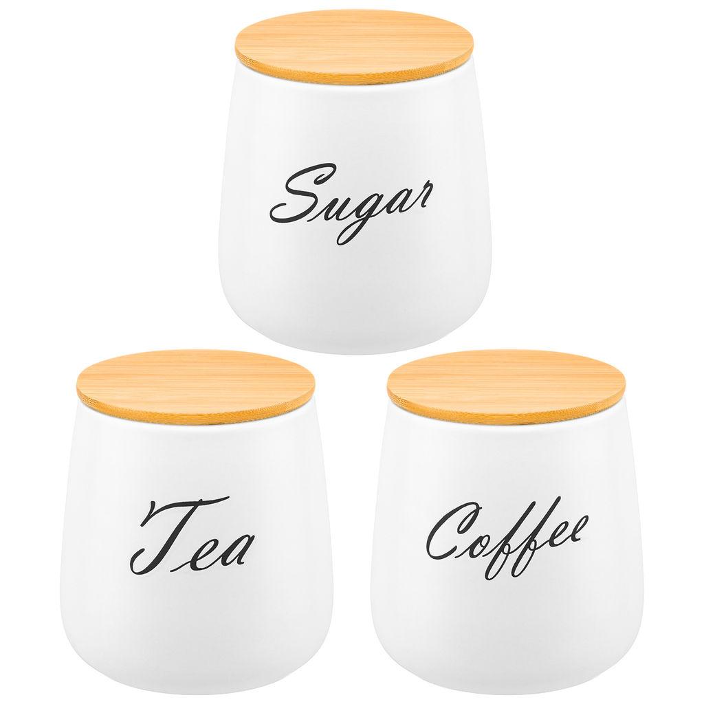Набор банок д/хранения 3 пр. 850 мл 12*12*13 см "Tea, Coffee, Sugar" с бамбук. крышк. белый матовый