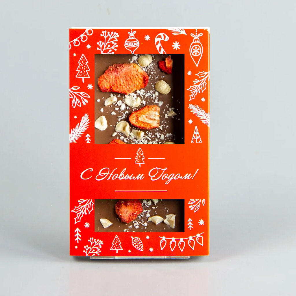 Молочный шоколад с клубникой и фундуком, красная коробочка #6, 85гр