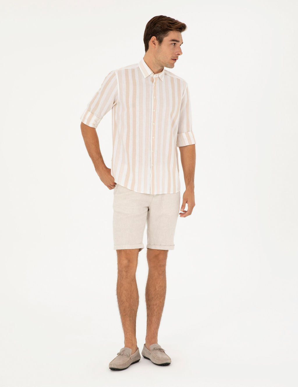 Bej Slim Fit Keten Kar___ml_ Dokuma _ort