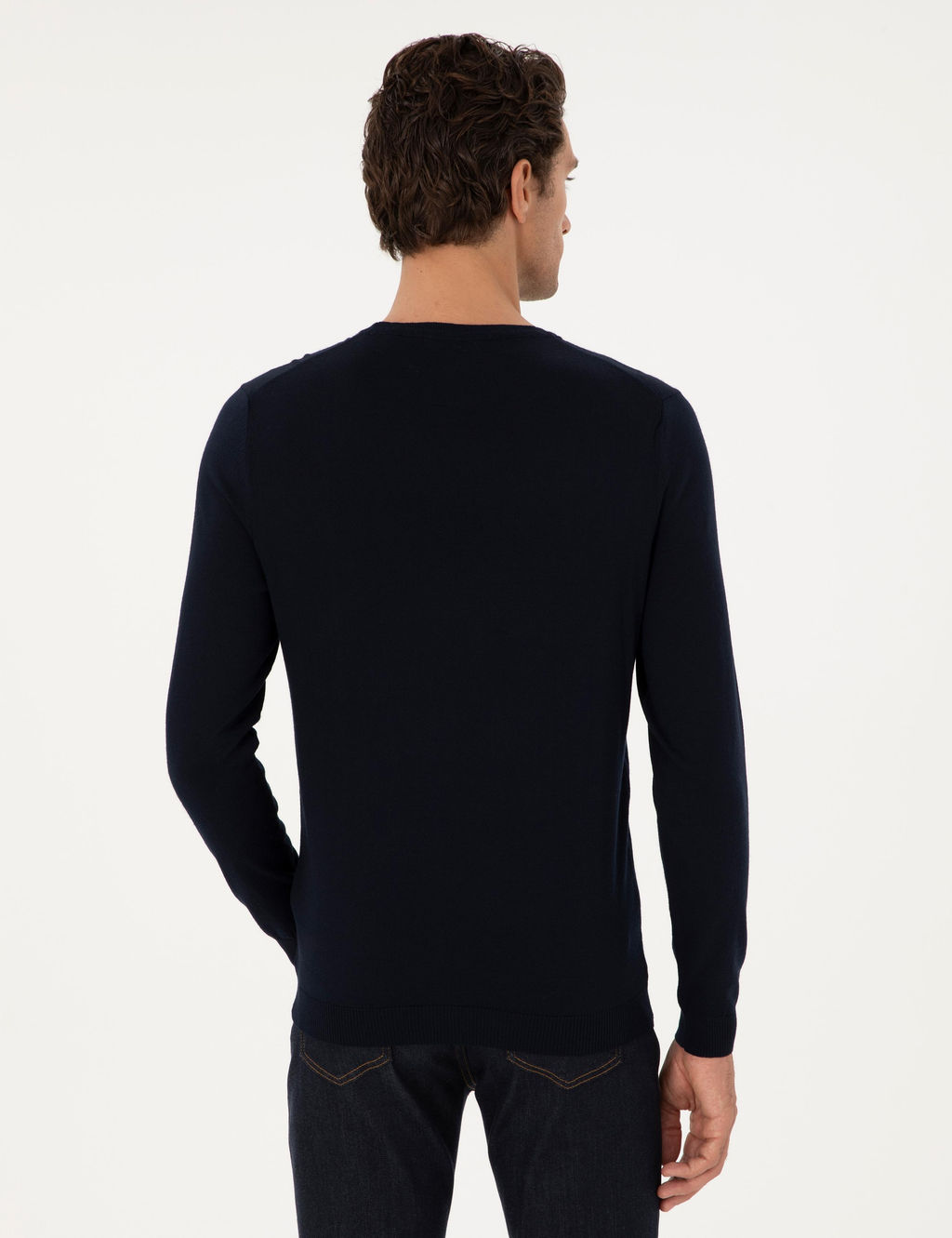 Lacivert Slim Fit Y_n Kar___ml_ Bisiklet Yaka Basic Triko Kazak