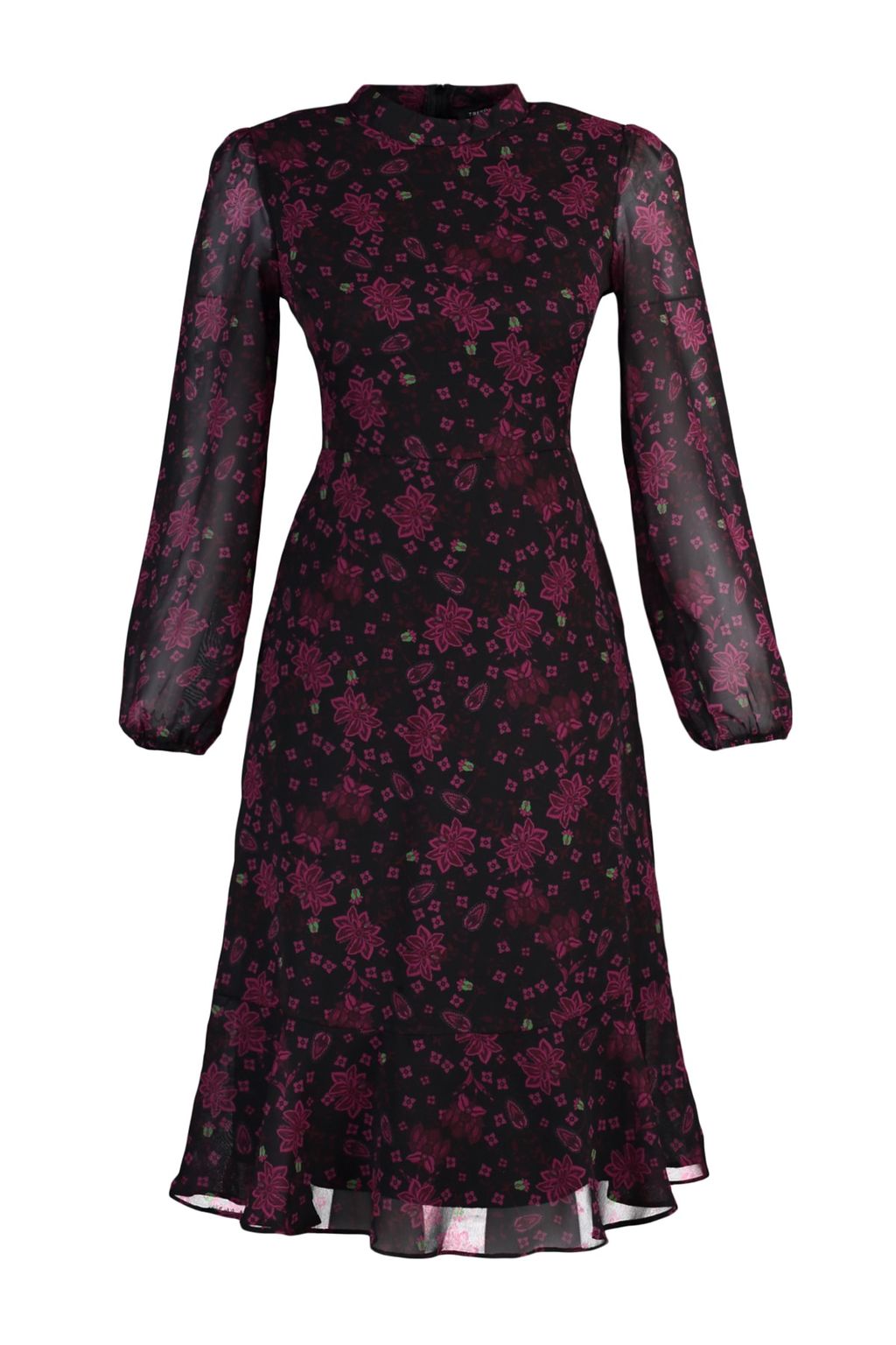 Pembe Cicekli A Kesim Dik Yaka Midi Astarl? Sifon Dokuma K?sl?k Elbise TWOAW20EL1313