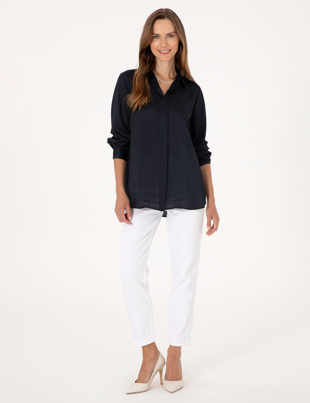 Lacivert Comfort Fit Saten Uzun Kollu G_mlek