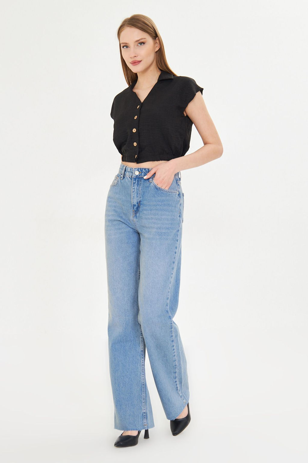 TRENDYOLMILLA Mavi Pacas? Kesikli Soluk Efekt Vintage Yuksek Bel Straight Jeans TWOAW25JE00378 фото 11