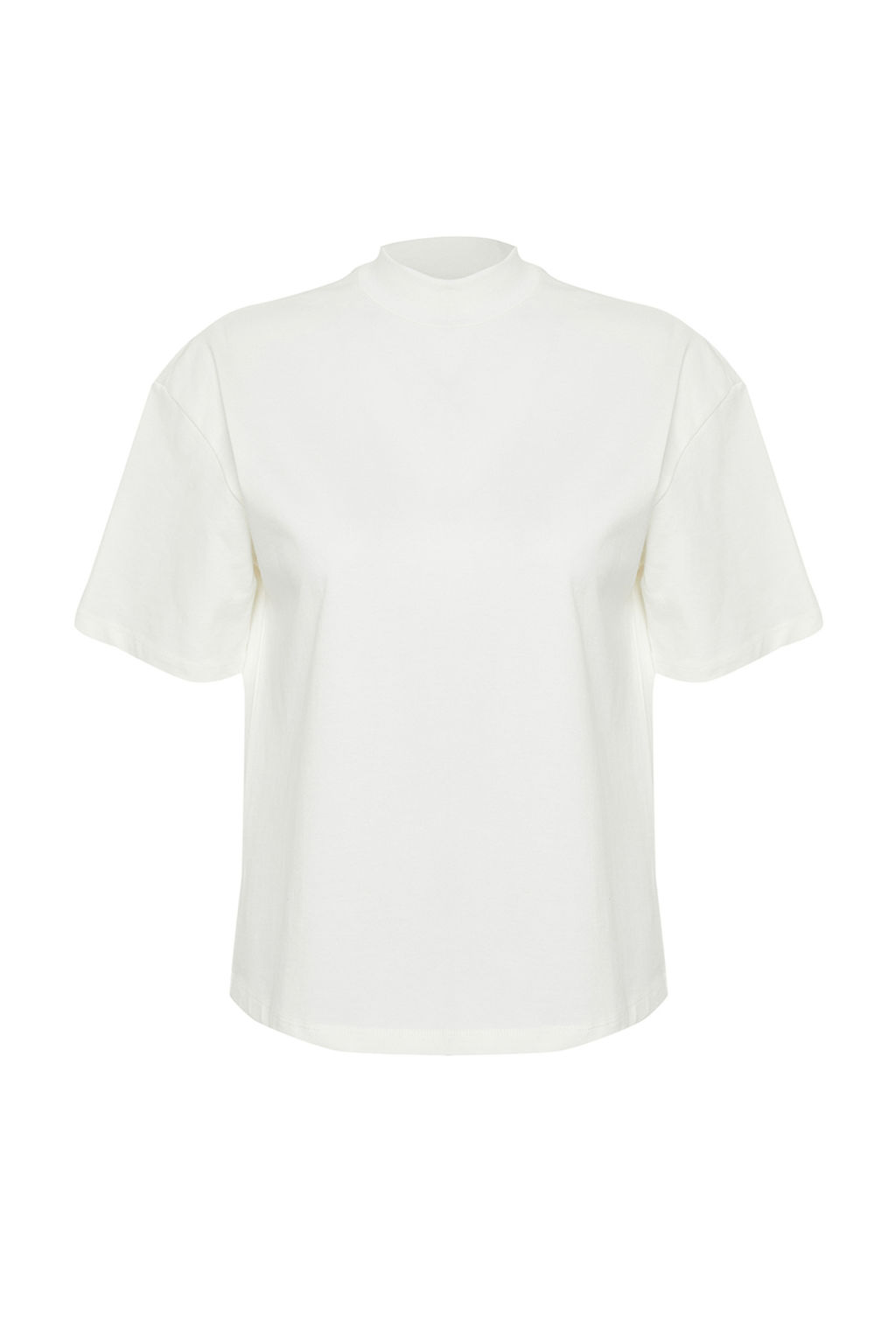 Beyaz %100 Kal?n Pamuklu Dik Yaka Truvakar Kol Orme T-Shirt TWOSS24TS00074