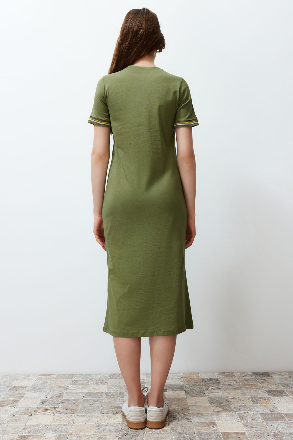 TRENDYOLMILLA Lacivert Triko Bant Detayl? Bisiklet Yaka K?sa Kol Esnek Midi Orme Maxi Elbise TWOSS24EL00121  фото 18