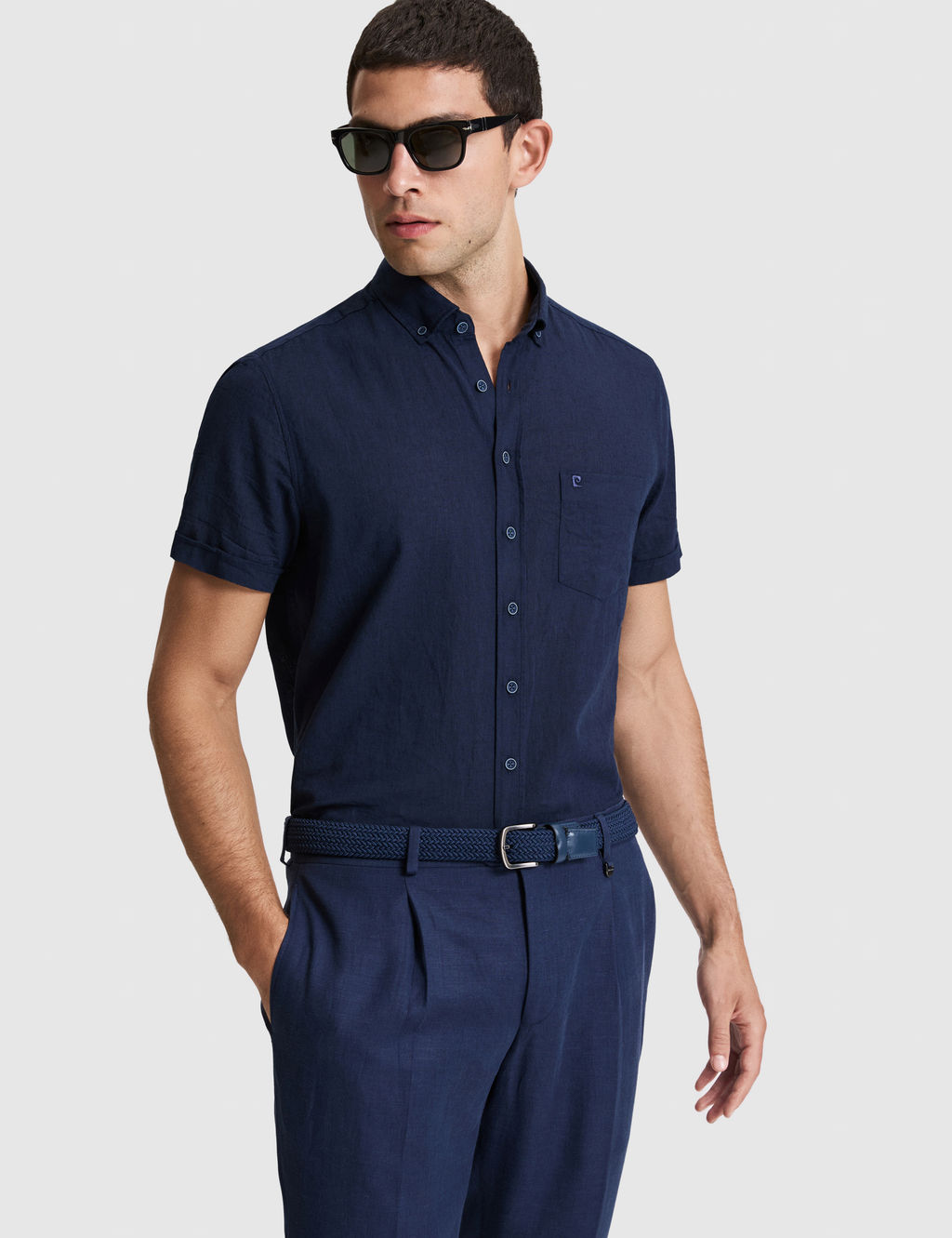 Lacivert Keten Kar___ml_ Regular Fit K_sa Kollu G_mlek