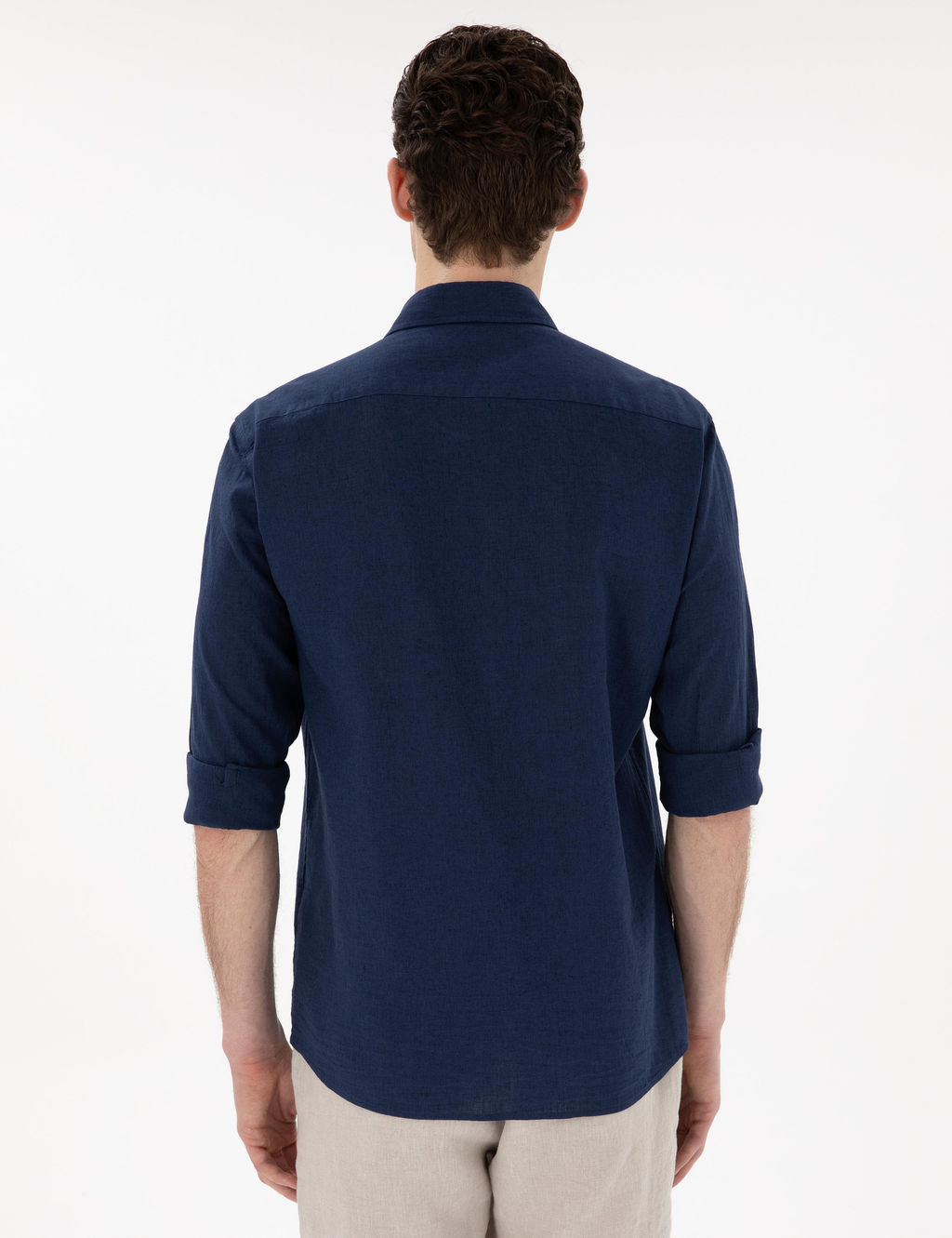 Lacivert Keten Kar___ml_ Regular Fit Uzun Kollu G_mlek