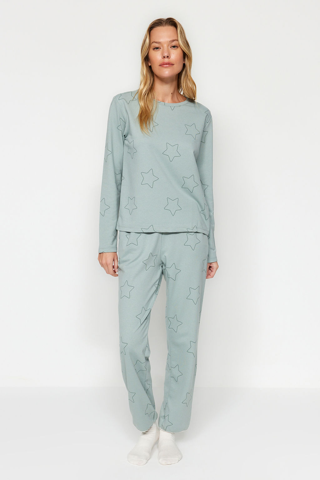 Trendyolmilla Mint %100 Pamuklu Y?ld?zl? Orme Pijama Tak?m? THMAW24PT00234  фото 3