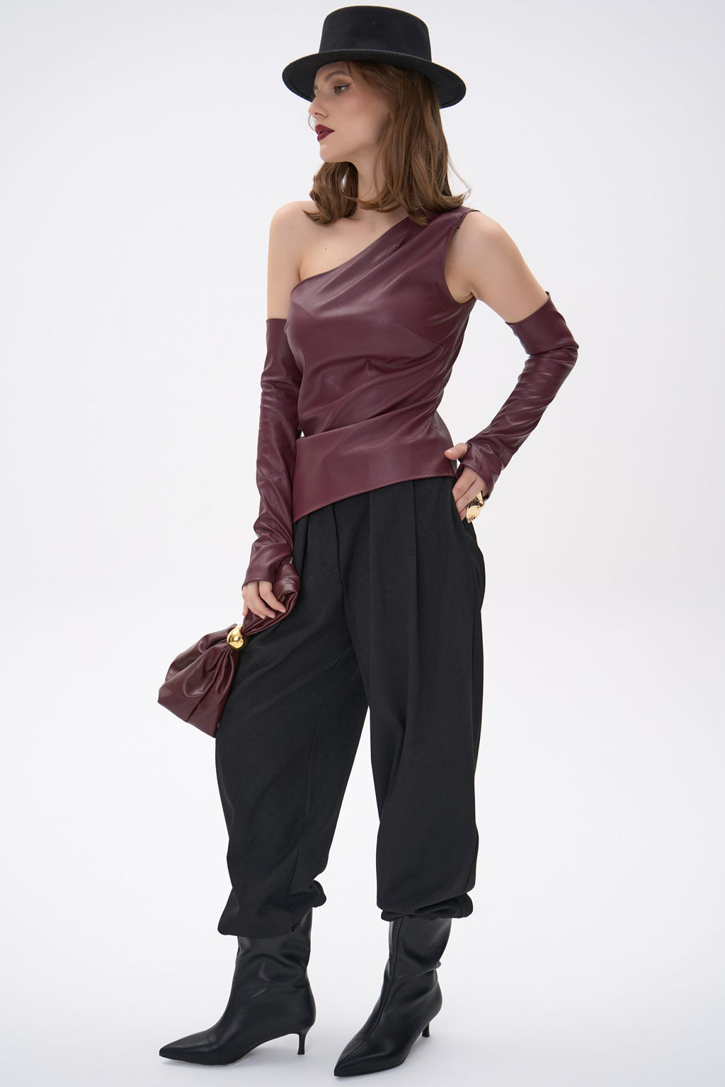 Кожаный топ с рукавами Рикси (бордовый)