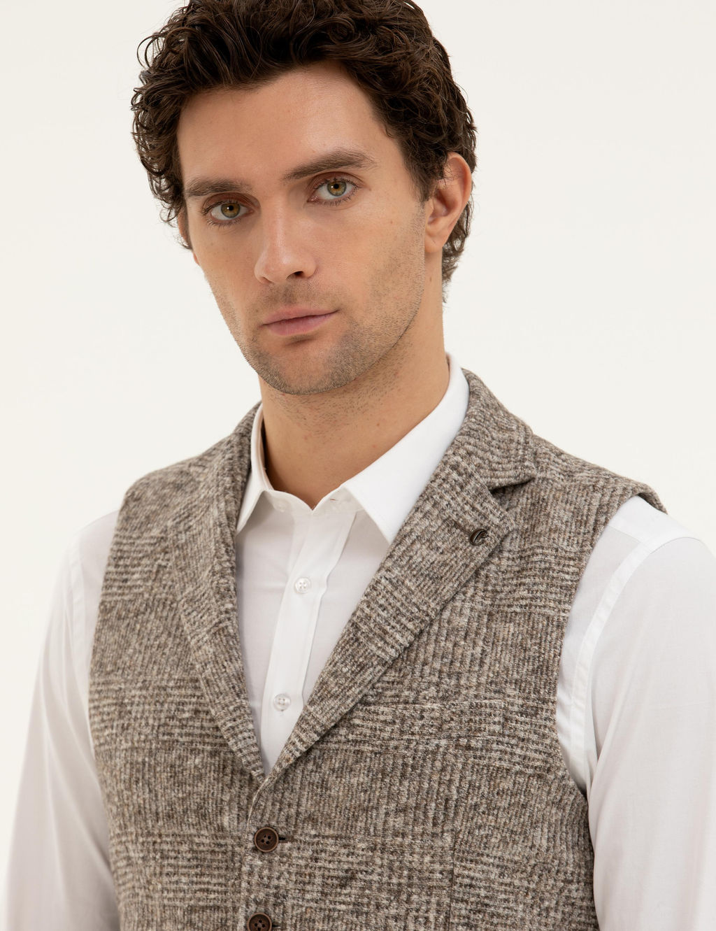 Bej Slim Fit Y_n Kar___ml_ Dokuma Yelek