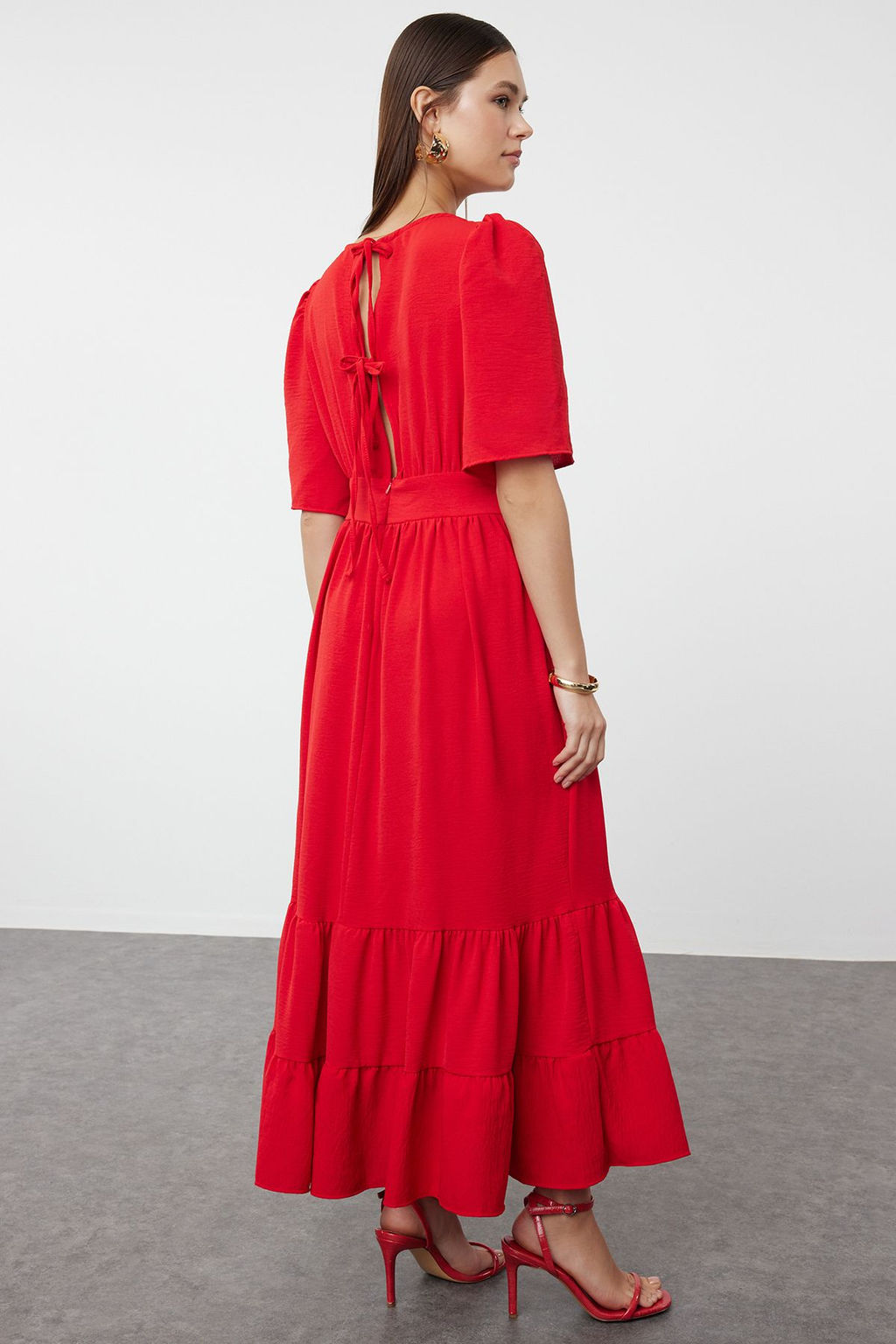 TRENDYOLMILLA Indigo Kusakl? A-Kesim Kruvaze Yaka S?rt Detayl? Midi Dokuma Elbise TWOSS23EL02164  фото 20