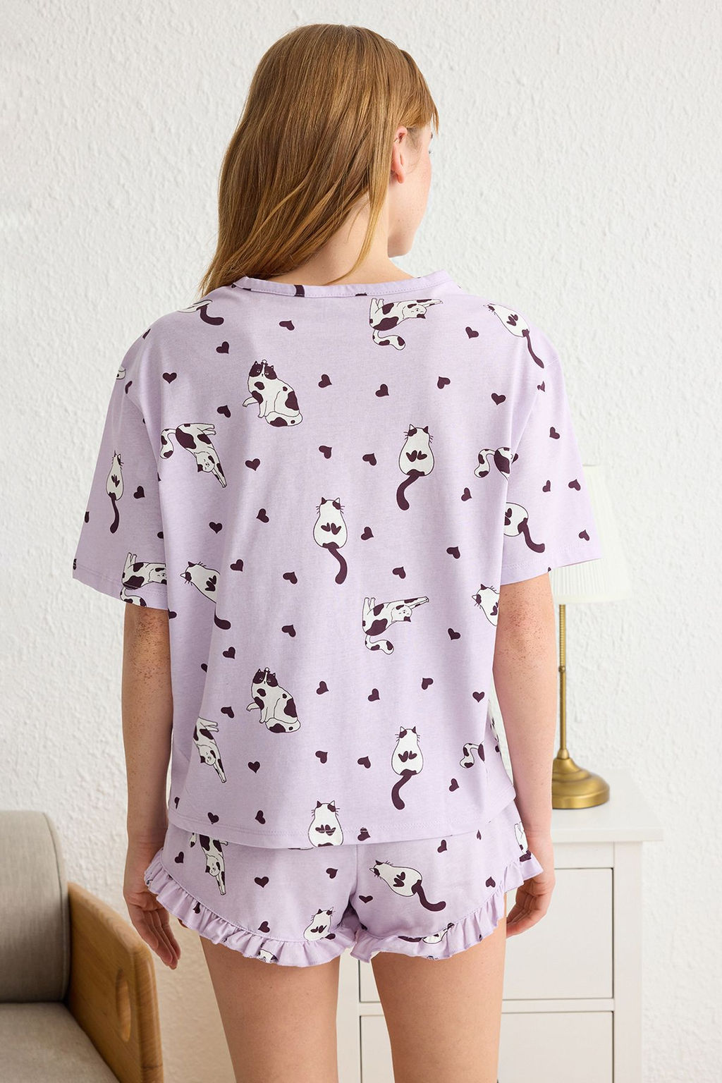 Trendyolmilla Lila %100 Pamuklu Kedi ve Kalp Desenli F?rf?rl? Sortlu Orme Pijama Tak?m? THMSS25PT00071  фото 11