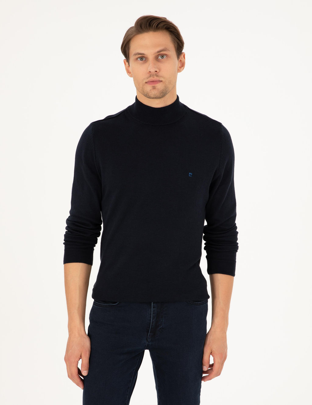 Lacivert Slim Fit Yar_m Bal_k__ Yaka Basic Triko Kazak