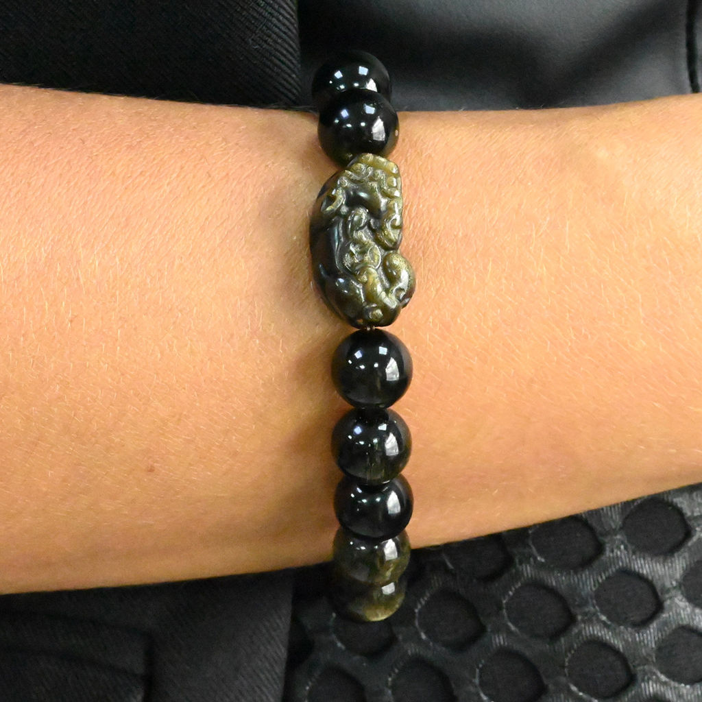 Обсидиан иризирующий браслет шарик 10мм с Драконом