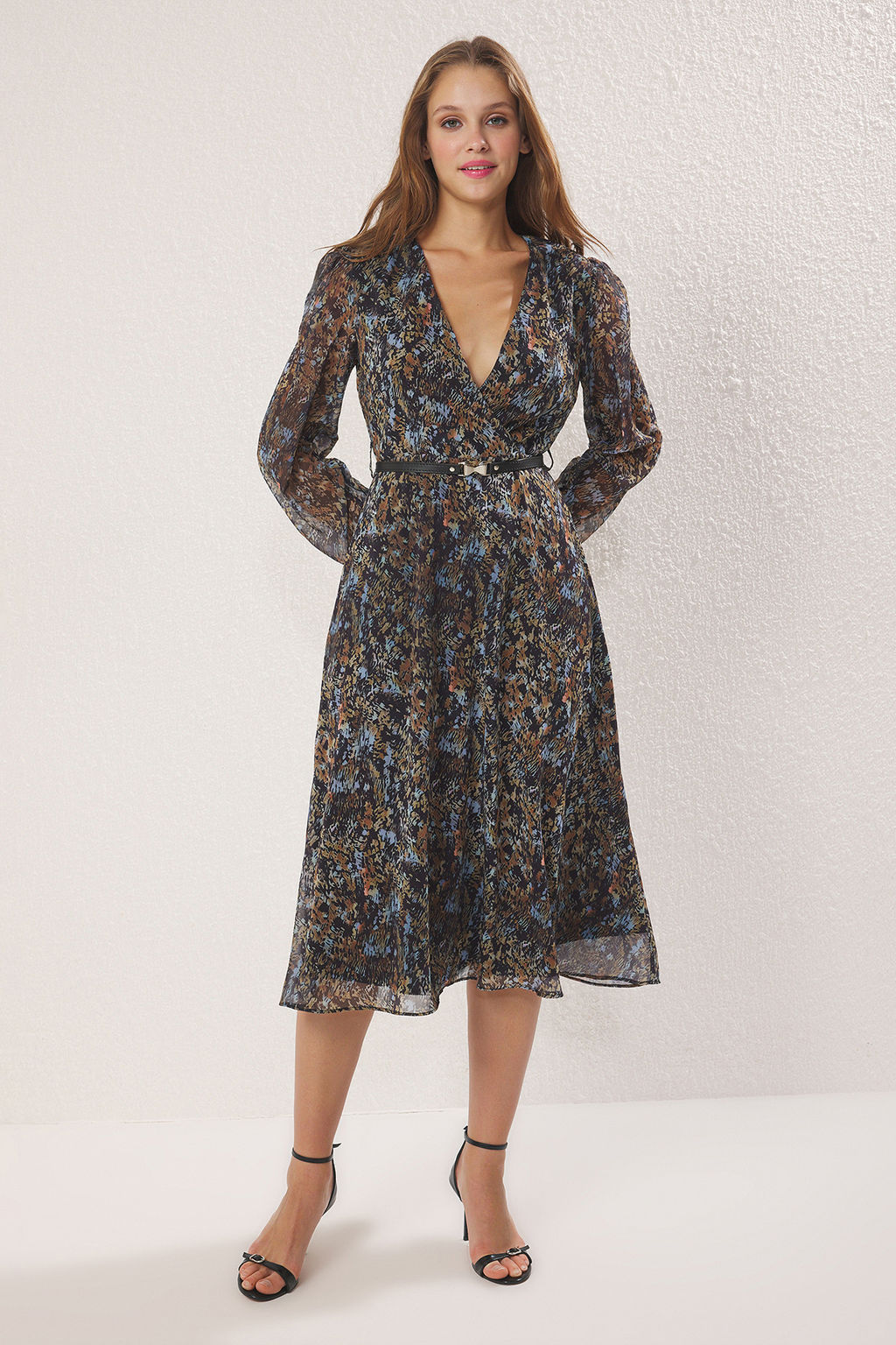 Yesil Kemerli A Kesim Kruvaze Yaka Boho Desenli Sifon Midi Dokuma Elbise TWOAW24EL00660