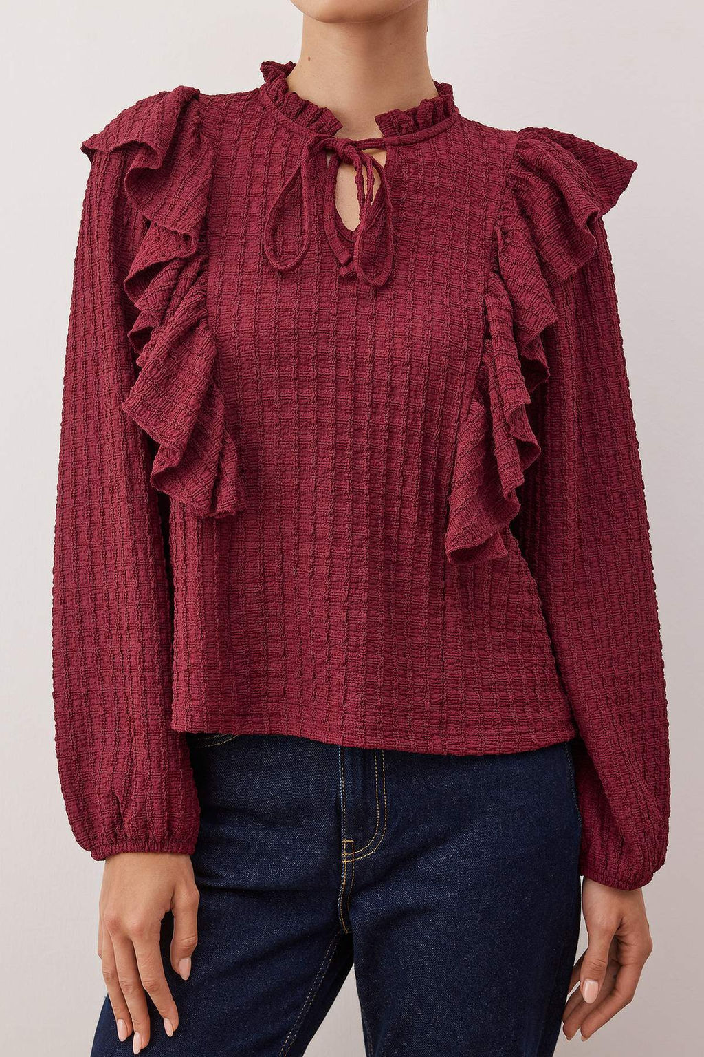 Bordo V Yaka F?rf?r Detayl? Regular Dokulu Orme Bluz TWOAW26BZ00314 - Trendyolmilla фото 3