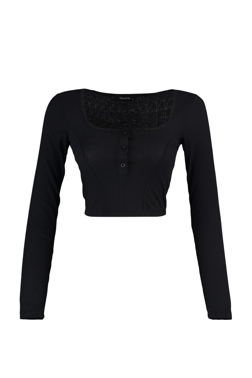 Trendyolmilla Antrasit Dugme Detayl? Kare Yaka Fitted/Vucuda Oturan Fitilli Esnek Crop Orme Bluz TWOAW23BZ00384