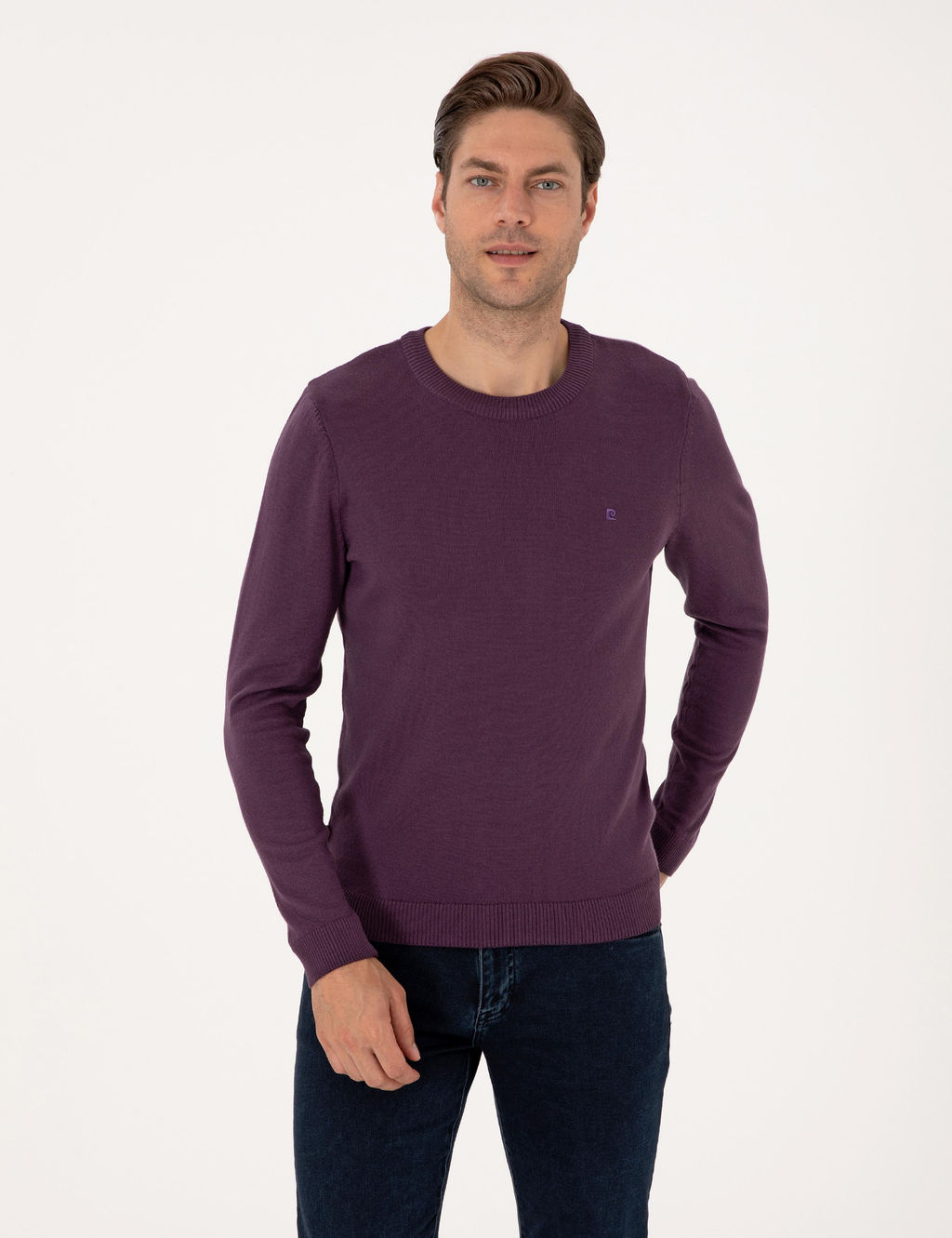 Mor Slim Fit Bisiklet Yaka Basic Triko Kazak
