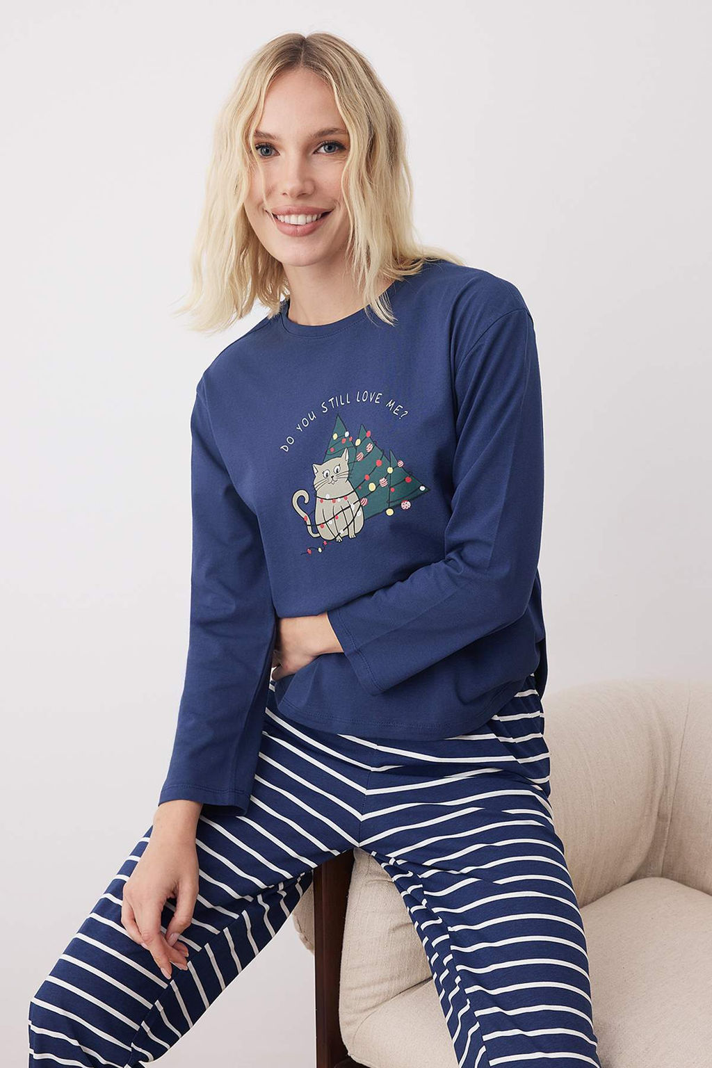 Trendyolmilla Kad?n Couple/Cift Bej %100 Pamuklu Cizgili Y?lbas? Temal? Orme Pijama Tak?m? THMAW25PT00164  фото 8