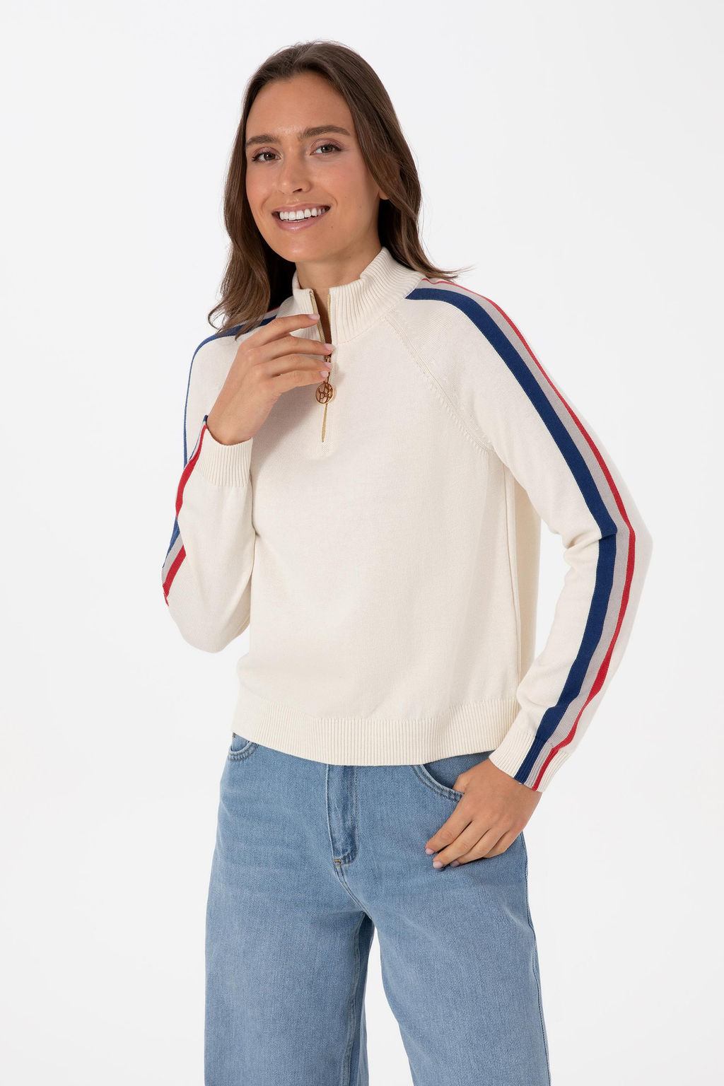 Kad_n Krem V Yaka Fermuarl_ Kazak