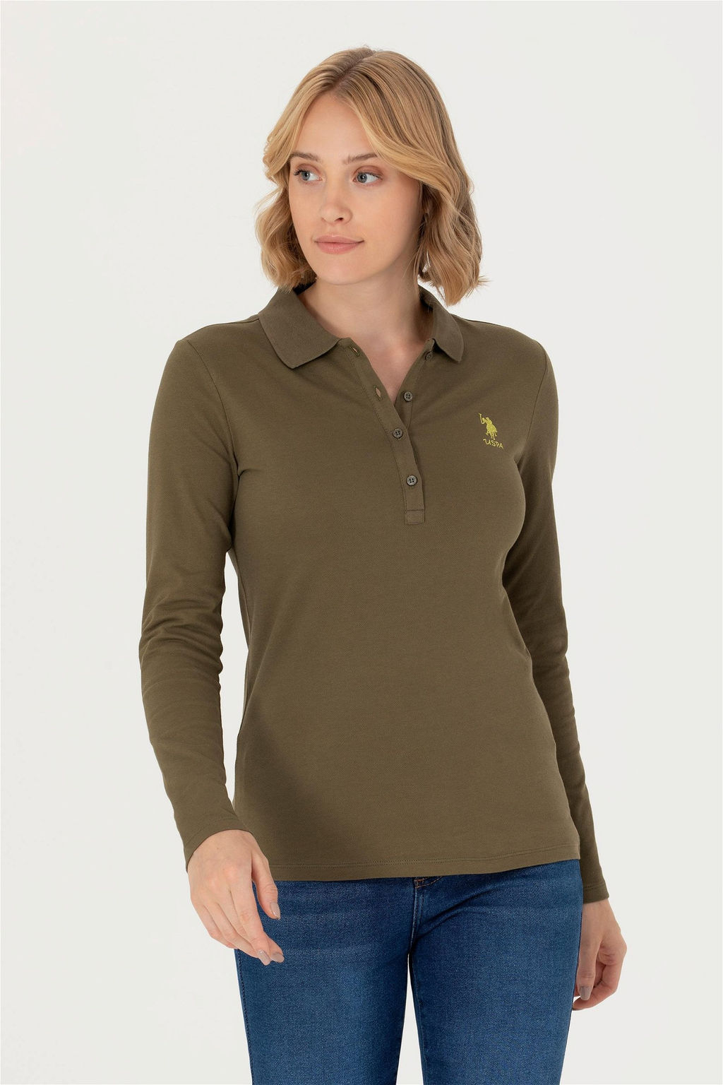 U. S. Polo Assn Женский базовый свитшот цвета хаки с воротником-поло - U.s. polo assn фото 10